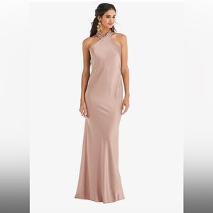 Dessy Collection DRAPED TWIST HALTER TIE-BACK TRUMPET GOWN - NWT TOASTED SUGAR